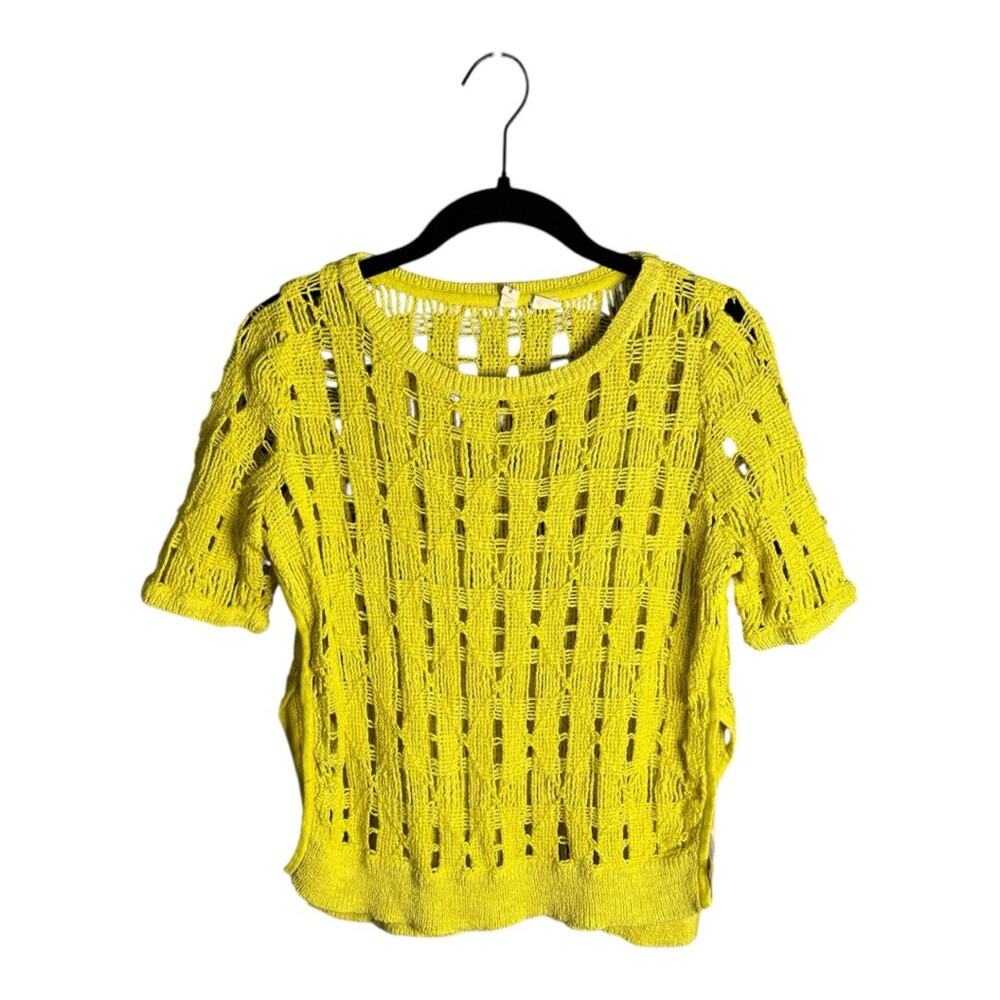 Moth Yellow Short Sleeve Open Knit Sweater Side Slits Small